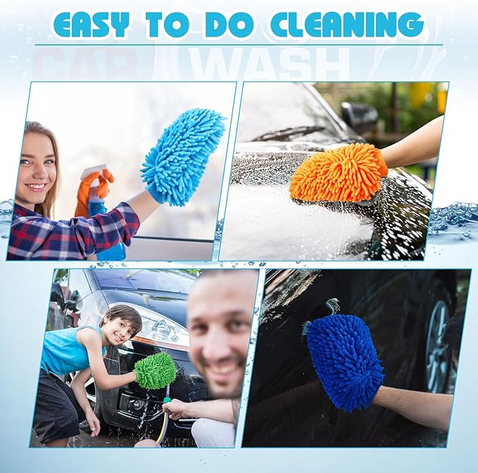 Toulite 16 Pcs Car Wash Mitt Chenille Microfiber Wash Mitt Double Sided Glove Cleaning Drying Mitts (7.48 x 10.24 Inch,Bright Colors)