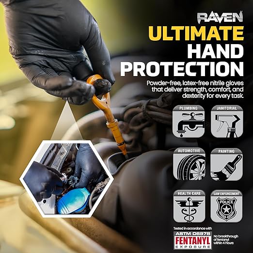 SAS Safety 66520 Raven Powder-Free Disposable Black Nitrile 7 Mil Mil Gloves, XXL , 100 Gloves by Weight