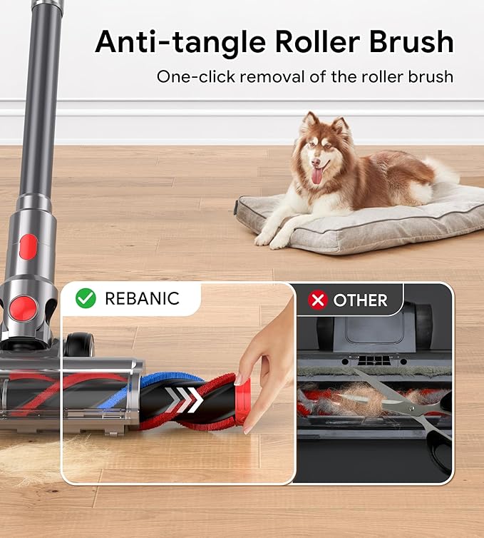 REBANIC Cordless Vacuum Cleaners for Home,8-in-1/65Min/600W/48Kpa Powerful Suction,Self-Standing Cordless Stick Vacuum Cleaner,Lightweight Anti-Tangle Rechargeable Vacuum for Floor/Carpet/Pet Hair/Car