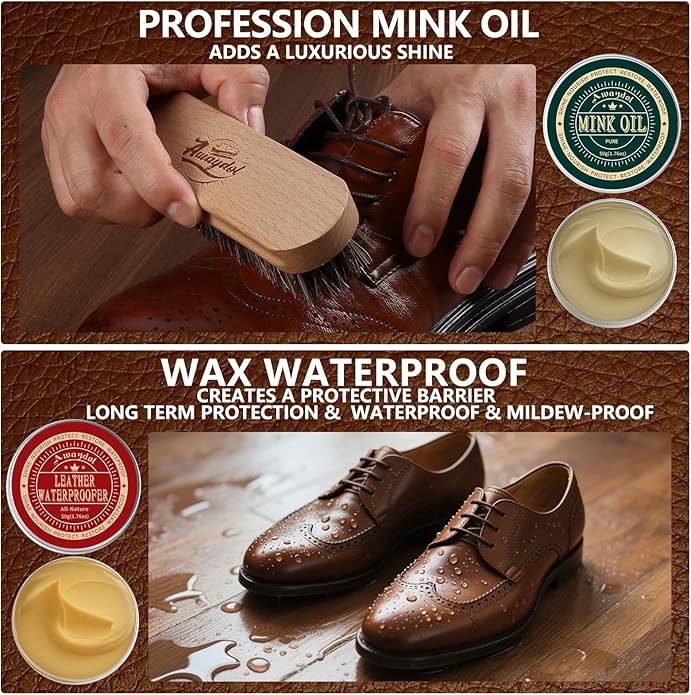 Awaydol 10 PCS Leather Care Kit - Horsehair Brushes,Saddle Soap,Waterproofing Wax,Mink Oil Conditioner,Polishing Cloth,Microfiber cloth,Boot Shoe Shine Cleaning Kit Gift for Men Cowboy Husband Dad ﻿