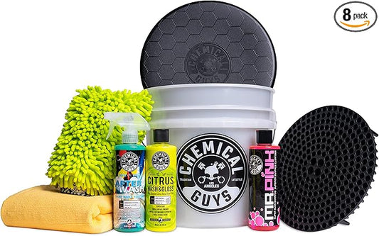 Chemical Guys HOL_128 Car Cleaning Kit, with Car Wash Soap, Car Wash Bucket and 16oz Car Care Cleaning (8 Items)