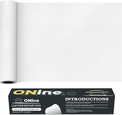 ONine Leather Repair Patch，Leather Repair Tape, 8 x 48 inches Leather Repair Patch for Furniture,Vinyl Repair kit，Leather Couch Patch，for Sofas, Furniture, car Seats(White-Litchi Grain)