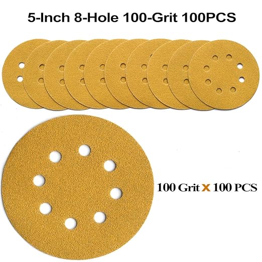 Aiyard 5-Inch 8-Hole Hook and Loop Sanding Discs 100-Grit Random Orbit Sandpaper, 100-Pack
