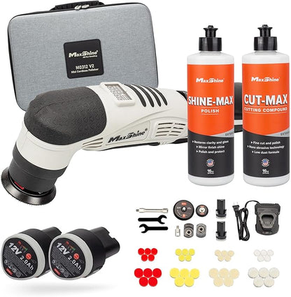 Maxshine 3 Pieces Professional Mini Cordless Polisher with Cutting & Polish Compound Kit (M0312 V2) - Lightweight (1.93 lbs), 6-Speed, DA/Rotary Polisher - Portable Auto Detailing Tool