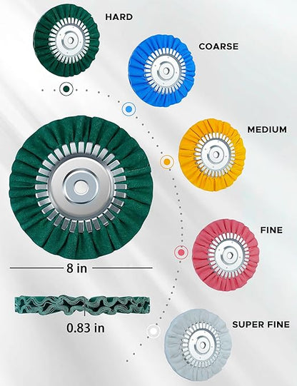 10PCS 8" Airway Buffing Wheel Kit, 16-Ply Aluminum Wheel Polish Kit in 5/8 inch Arbor, Polishing Compound and Aluminum Metal Polishing Wheel Kit for Angle Grinder, Metal Buffing Wheel Kit