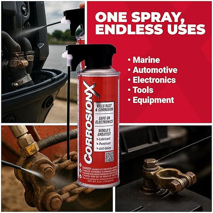 CorrosionX Rust Inhibitor, Industrial-Strength Dielectric Corrosion Prevention, Lubricant & Penetrant for Marine, Automotive, Electronics & RV Use, Protects Bolts, Cables, Engines, Parts, 6oz Aerosol