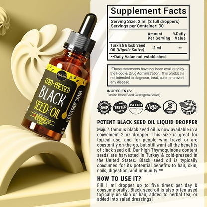 Maju Superfoods Black Seed Oil - 3 Times TQ, Cold-Pressed, Travel Size, 100% Turkish Black Cumin Seed Oil, Liquid Pure Blackseed, Glass Bottle, 2 Oz
