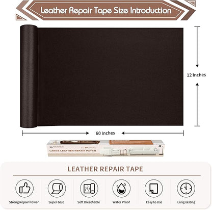 KING MOUNTAIN Leather Repair Patch, 12 x 60 Inches Self-Adhesive Repair Tape for Damaged Furniture, Sofa Seating, Car Seats, Goods (Fine Grained Dark Brown)