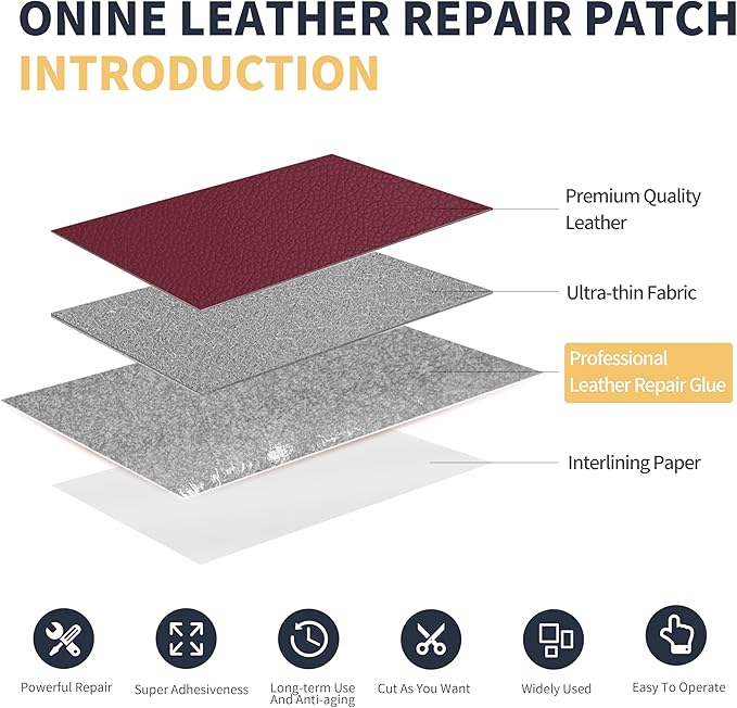 ONine Leather Repair Patch，Leather Repair Tape, 3 x 60 inches Leather Repair Patch for Furniture,Vinyl Repair kit，Leather Couch Patch，for Sofas, Furniture, car SeatsWine red-Litchi Grain