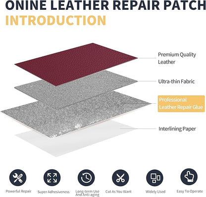 ONine Leather Repair Patch，Leather Repair Tape, 3 x 60 inches Leather Repair Patch for Furniture,Vinyl Repair kit，Leather Couch Patch，for Sofas, Furniture, car SeatsWine red-Litchi Grain