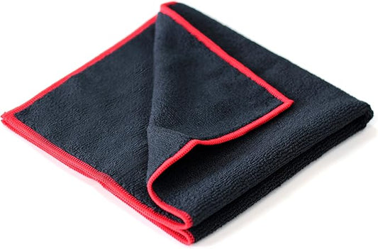 Maxshine Microfiber Detailing Towel 16” x 24” (330GSM) – Ultra-Soft Black Towel with Red Sewn Border | Lint-Free, Scratch-Free | Auto, Boat & Marine Polishing, Cleaning & Interior Detailing