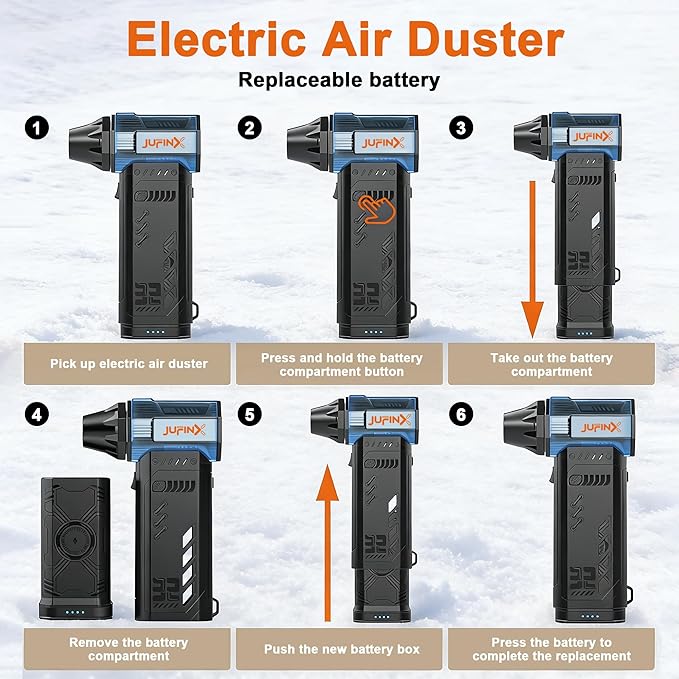 Air Duster -250000RPM- Snow Blower, Replaceable Batteries 2pcs,Long Life-mini Blower, 3-Gear Adjustable- Electeic Air Duster for Keyboard,PCs,Outdoors,Snow,Leaves,Car Cleaning (2*Batteries)