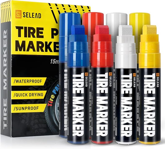 SELEAD Jumbo Tire Marker White Red Yellow Blue - 8 Pack 15mm Wide Tip Paint Pens for Car Tires Lettering, Large Capacity Premium Ink Waterproof Colored Permanent Markers