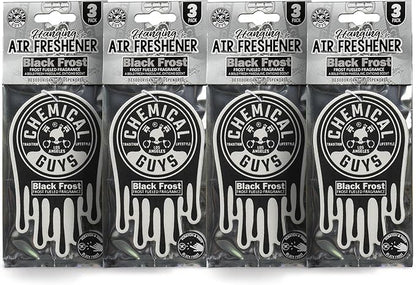 Chemical Guys Car Fresheners, Hanging Air Freshener, Black Frost Scent 12 Pack, Great for Cars, Trucks, SUVs, RVs, Home, Garage, Workspace, Dorm Room & More (4 x 3 Packs)