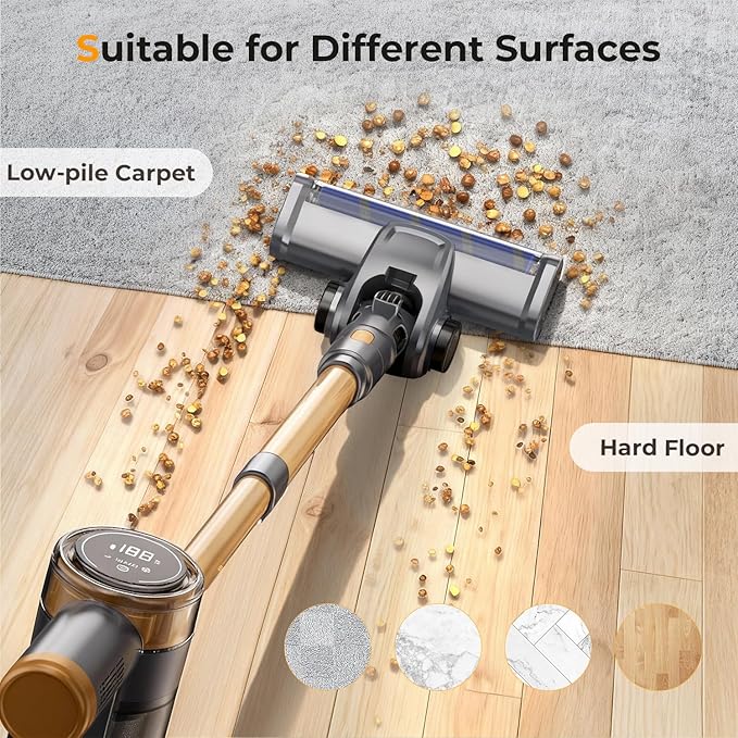 Cordless Vacuum Cleaner, 30Kpa Vacuum Cleaners for Home, Stick Vacuum with LED Display, 2 Roller Brushes for Anti-Tangle & Hard Floor, 6 in 1 Lightweight Vacuum for Hard Floors Carpet Pet Hair