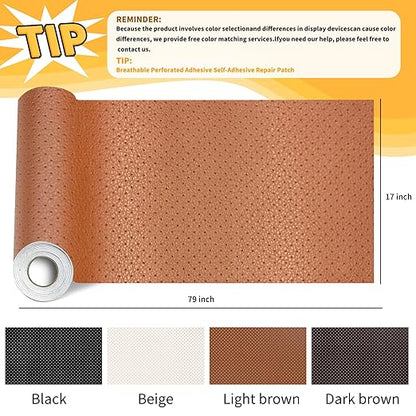 17x79 Self-Adhesive Leather Tape for Car Seat Repair - Breathable Perforated Patch for Couches & Office Chairs | Faux Leather & Vinyl Repair Kit (Light Brown)