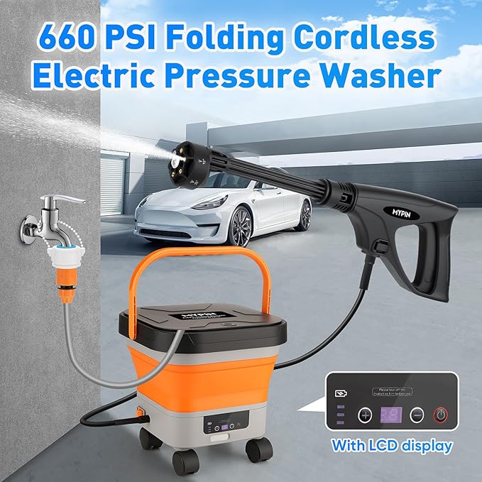660PSI Portable Cordless Pressure Washer with Folding 3.4Gal Tank, 6-in-1 Nozzle, 7 Adjustable Pressure Levels, 7M Hose, Portable Sprayer with Wheels for Car Floor Wall Fence Cleaning (Orange)
