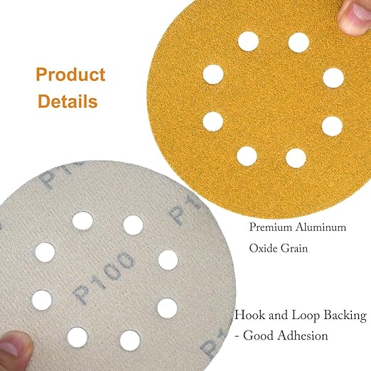 Aiyard 5-Inch 8-Hole Hook and Loop Sanding Discs 100-Grit Random Orbit Sandpaper, 100-Pack