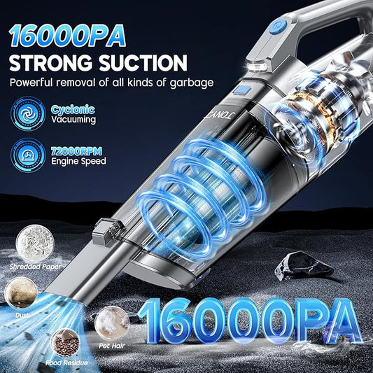 JONYJ Handheld Vacuum Cordless, 16000PA Strong Suction Hand Held Car Vacuum Cleaner, Portable Hand Vacuum Rechargeable with Multi-Nozzles & LED Light for Home, Car, Office, Pets