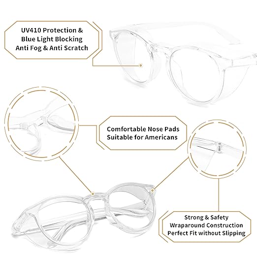 Alsenor Safety Glasses Anti Fog Goggles Protective Eyewear Blue Light Blocking Anti Dust UV Protection Glasses For Men Women (Round-Transparent)