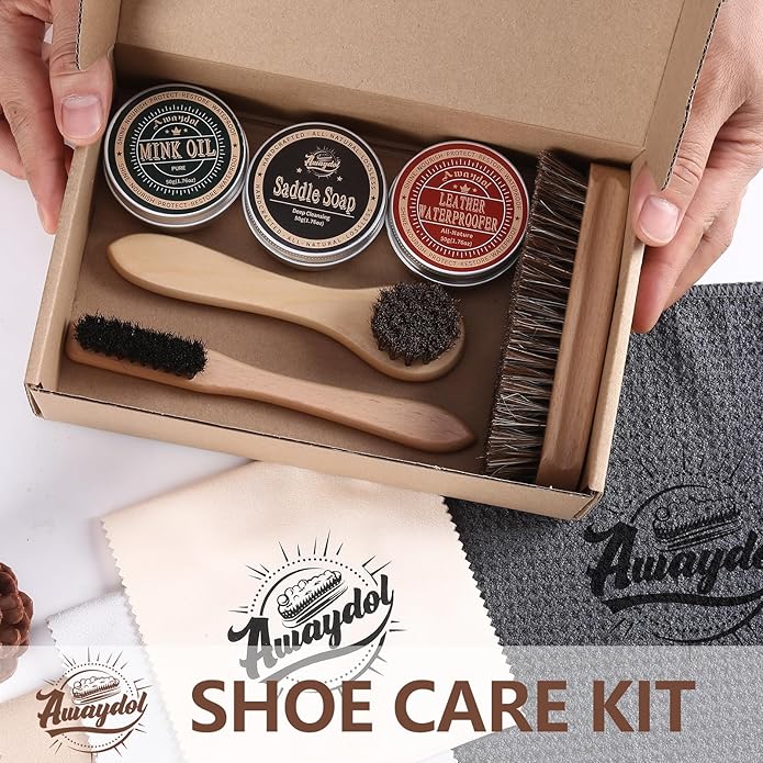 Awaydol 10 PCS Leather Care Kit - Horsehair Brushes,Saddle Soap,Waterproofing Wax,Mink Oil Conditioner,Polishing Cloth,Microfiber cloth,Boot Shoe Shine Cleaning Kit Gift for Men Cowboy Husband Dad ﻿