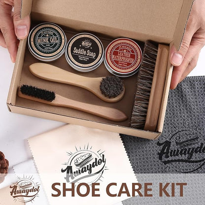Awaydol 10 PCS Leather Care Kit - Horsehair Brushes,Saddle Soap,Waterproofing Wax,Mink Oil Conditioner,Polishing Cloth,Microfiber cloth,Boot Shoe Shine Cleaning Kit Gift for Men Cowboy Husband Dad ﻿