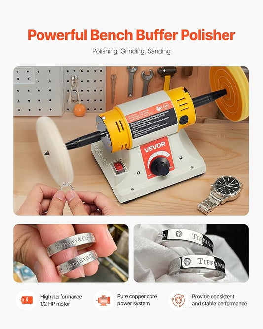 VEVOR Bench Buffer Polisher, 1/2HP Polishing and Buffing Machine, 0 to 8000RPM Benchtop Polisher with 2PCS 4" Cotton Wheel, 3PCS 3" Abrasive Fiber Wheels & Polishing Compound for Metal Jewelry Wood