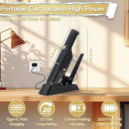 Handheld Vacuum Cordless, 15KPA High Power Suction, USB Quick Charge, Car Vacuum Cleaner with Storage Dock, Lightweight Rechargeable Dust Buster with Crevice Tool & Pet Brush Hand Vac for Home, Black