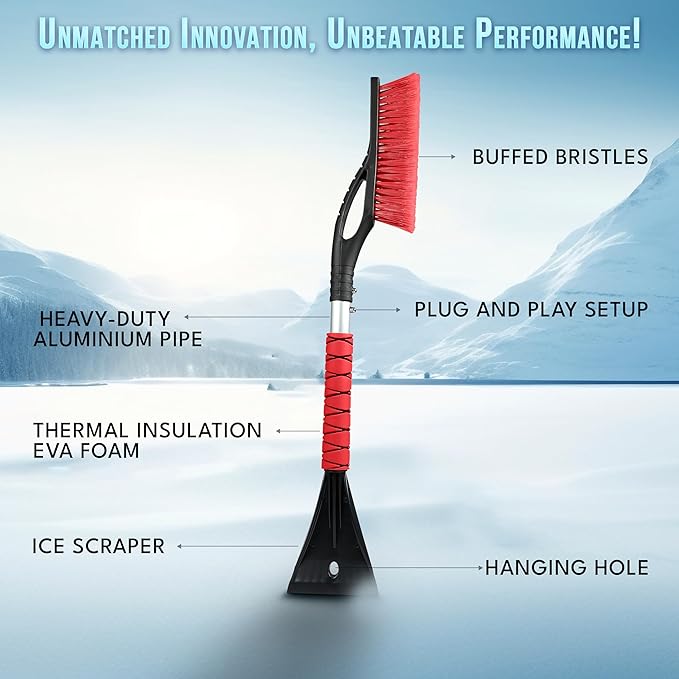 EcoNour 27" Aluminum Car Snow Scraper and Brush (Orange, Red, Green & Blue) | Weaved Bristle Head with Metal Body Ice Scraper for Car Windshield | Ice Scraper with Foam Grip Winter Accessory | 4 Pack