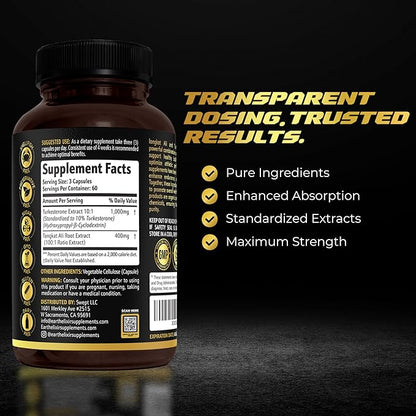 Turkesterone & Tongkat Ali for Men – Natural Testosterone Support, 2-in-1 High Potency Turkesterone Supplement for Men & Women - Made in USA & 3rd Party Tested