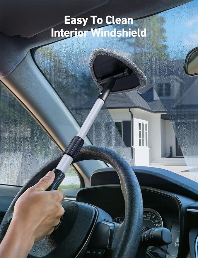 AstroAI Windshield Cleaning Tool, Car Window Cleaner Windshield Cleaner with 8 Reusable and Washable Microfiber Pads and Extendable Handle Auto Inside Glass Wiper Kit, Gray, 2 Pack