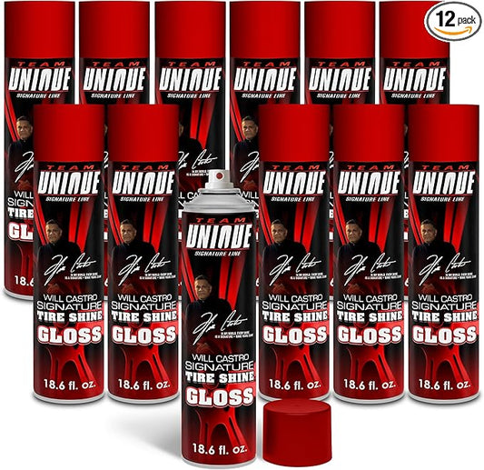 TEAM UNIQUE Tire Shine Gloss – 18.6 Fl Oz (550mL) Pack of 12 | High-Gloss Formula for Ultimate Tire Shine | Protects Against Cracking and Fading | Non-Greasy, Low-Sling Spray for Easy Application