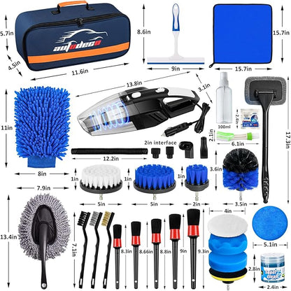 AUTODECO 37Pcs Car Detailing Brush Set, Car Detailing Kit, Auto Detailing Drill Brush Set, Car Detailing Brushes, Car Wash Cleaning Tools Kit with Car Vacuum for Interior, Exterior, Wheels, Blue