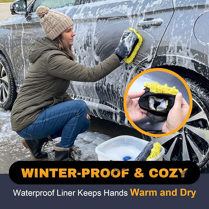 Premium Car Wash Mitts (2-Pack), Scratch-Free 2-in-1 Dual-Side Chenille Microfiber Gloves for Auto Detailing, Safe on Paint, Glass, Chrome – for Cars, Trucks, SUVs, RV & Motorcycle (Yellow)