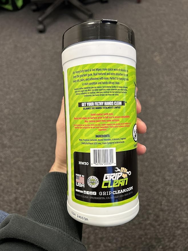 Grip Clean Heavy Duty Hand & Tool Cleaning Wipes – Waterless Hand Cleaner for Mechanics, Garage & Shop Use – Dual-Sided Grease, Oil & Paint Remover Wipes with Citrus Scent - 72ct