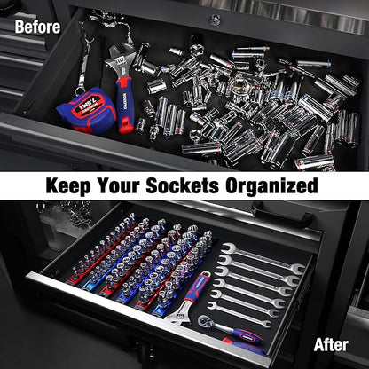 WORKPRO Magnetic Socket Organizer, 1/2-Inch Drive Aluminum Alloy Sockets Rail, Heavy Duty Sockets Holder, Socket Rack Kit 1/2-Inch x 10 Clips (Red)