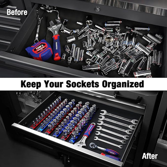 WORKPRO Magnetic Socket Organizer, 3/8-Inch Drive Aluminum Alloy Socket Rail, Heavy Duty Socket Holder, Socket Rack Kit 3/8-Inch x 10 Clips (Blue)