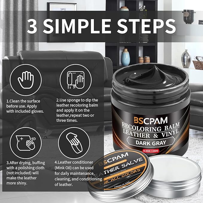 BSCPAM Dark Gray Leather Recoloring Balm with 100ml Mink Oil,Leather Couch Scratch Remover,Leather Repair kit for Vinyl Furniture and Car Interior,Leather Dye Paint,Mink Oil for Leather