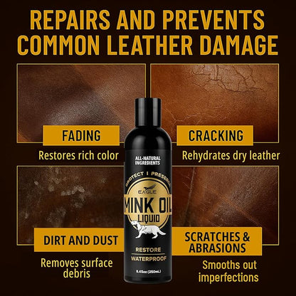 Eagle Mink Oil Liquid Leather Conditioner 8oz with Cloth – Softens, Waterproofs & Preserves Boots, Shoes, Bags, Jackets & Furniture – Natural Leather & Vinyl Conditioner for Long-Lasting Protection
