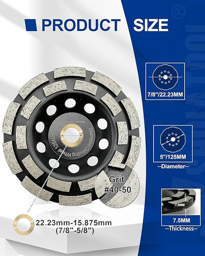 SHDIATOOL 5-Inch Diamond Grinding Cup Wheel Double Row Grinding Disc for Concrete Granite Marble Masonry Brick Fits 7/8 Inch -5/8 Inch Arbor
