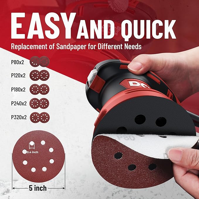 DCK Random Orbital Sander, 3.0 AMP Corded Palm Sander, 6 Speeds Max 12,000 OPM, 5-Inch with 10 pcs Sandpapers, Dust Bag, Low Vibration for Woodworking, Decoration Furniture (KSA125)