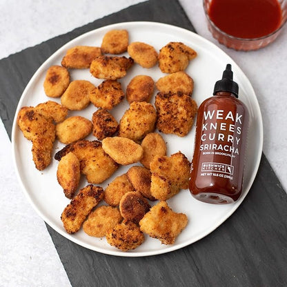 Weak Knees Curry Sriracha Hot Sauce, Infused with Aromatic Curry Spices, Bold Korean Gochujang Paste & Classic Sriracha, Made in the USA, 10.5oz Squeeze Bottle