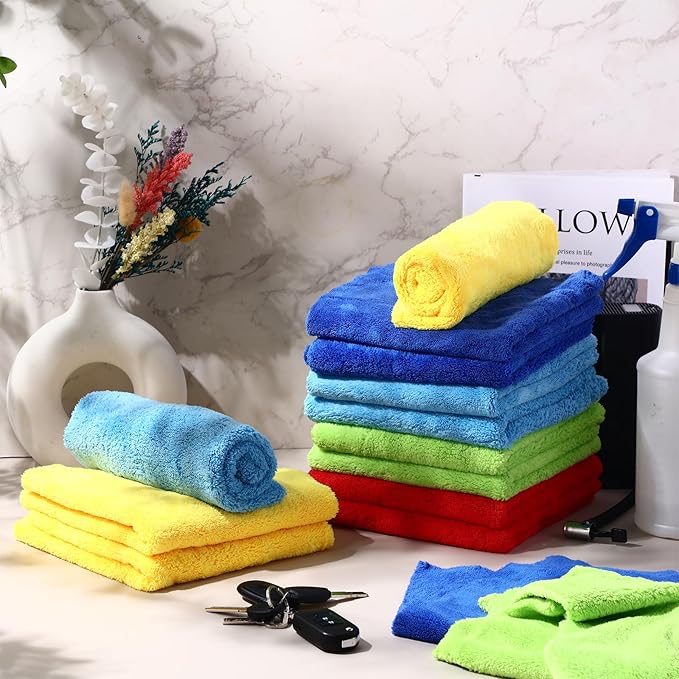 Shimeyao 30 Pcs 16 x 16 Inch Edgeless Microfiber Plush Towels for Cars Detailing Drying Wash Polishing Absorbent Cleaning Cloths, 500 GSM(16 x 16 Inch, Multicolor, 30 Pcs)