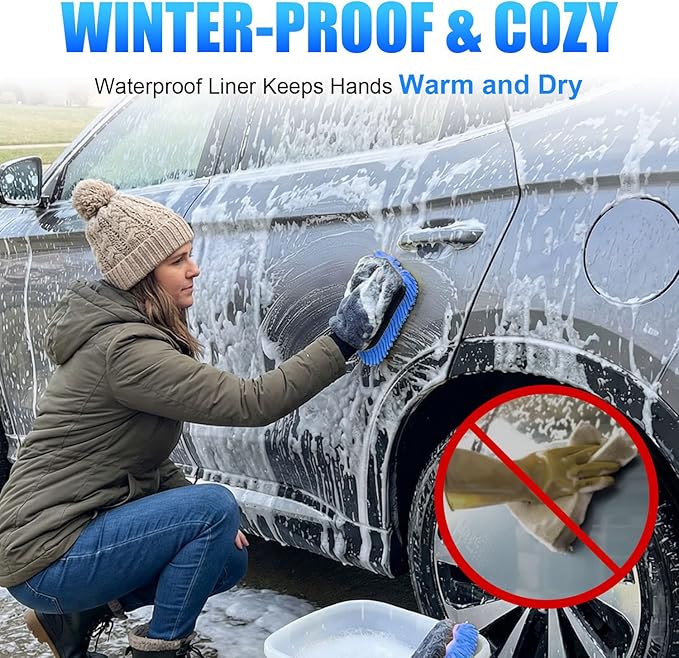 Premium Car Wash Drying Mitt, 2-in-1 Dual-Side Chenille Microfiber Gloves for Auto Detailing, Car Sponge Wrapped in Soft, Machine Washable (2Pack) (Blue)