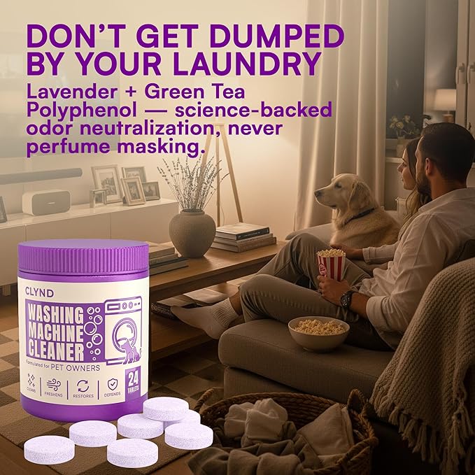 CLYND Washing Machine Cleaner Tablets 24 Pack for HE Front Load, Top Load Washing Machine Cleaning Tablets Descaler and Deodorizer, Formulated for Pet Owners, 1 Year Supply Laundry Washer Cleaner