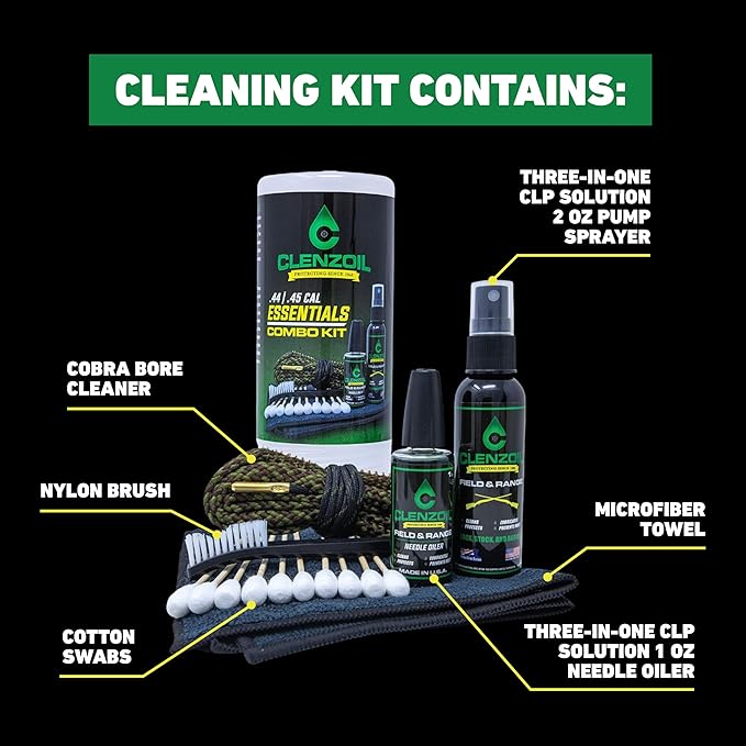 CLENZOIL Field & Range Pistol & Rifle Essentials Gun Cleaning Kit | CLP Spray & Oiler with Bore Cleaner | Clean, Lubricate & Protect | Nylon Brush, Bore Swabs & Microfiber