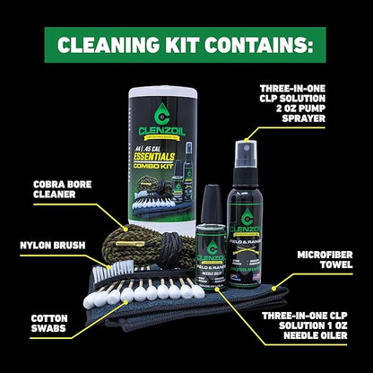 CLENZOIL Field & Range Pistol & Rifle Essentials Gun Cleaning Kit | CLP Spray & Oiler with Bore Cleaner | Clean, Lubricate & Protect | Nylon Brush, Bore Swabs & Microfiber