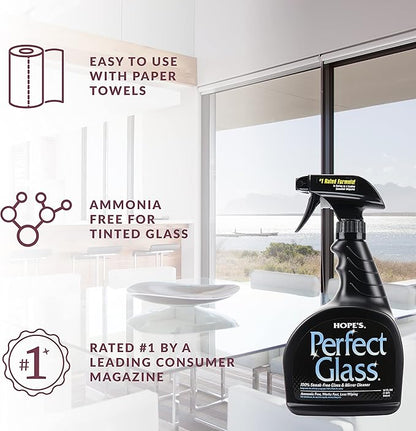 HOPE'S Perfect Glass Cleaner Spray, Streak-Free, Ammonia-Free Window, Mirror, Screen, Tinted Glass, and Shower Door Cleaner, Indoor and Outdoor Glass Surfaces, 32 Fl Oz, Pack of 2