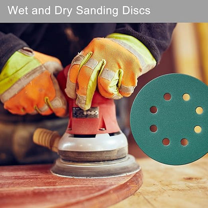 5 Inch 8 Hole Sanding Discs, 50 Pcs Wer Dry Sandpaper 2000 Grit Hook and Loop Green Polyester Film Backed Sanding Disc for Random Orbital Sander Wood Car Metal Plastic (2000 Grit, 50 Pack)