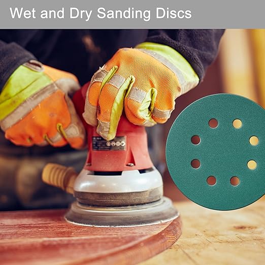 5 Inch 8 Hole Sanding Discs, 90 Pcs Wer Dry Sanding Disc Set 400 600 800 1000 1500 2000 Assorted Grits Hook and Loop Green Polyester Film Backed Sandpaper with Interface Pad for Random Orbital Sander
